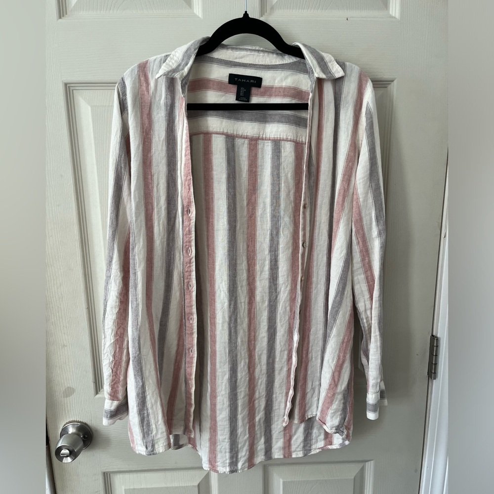 Muted red and blue striped button down